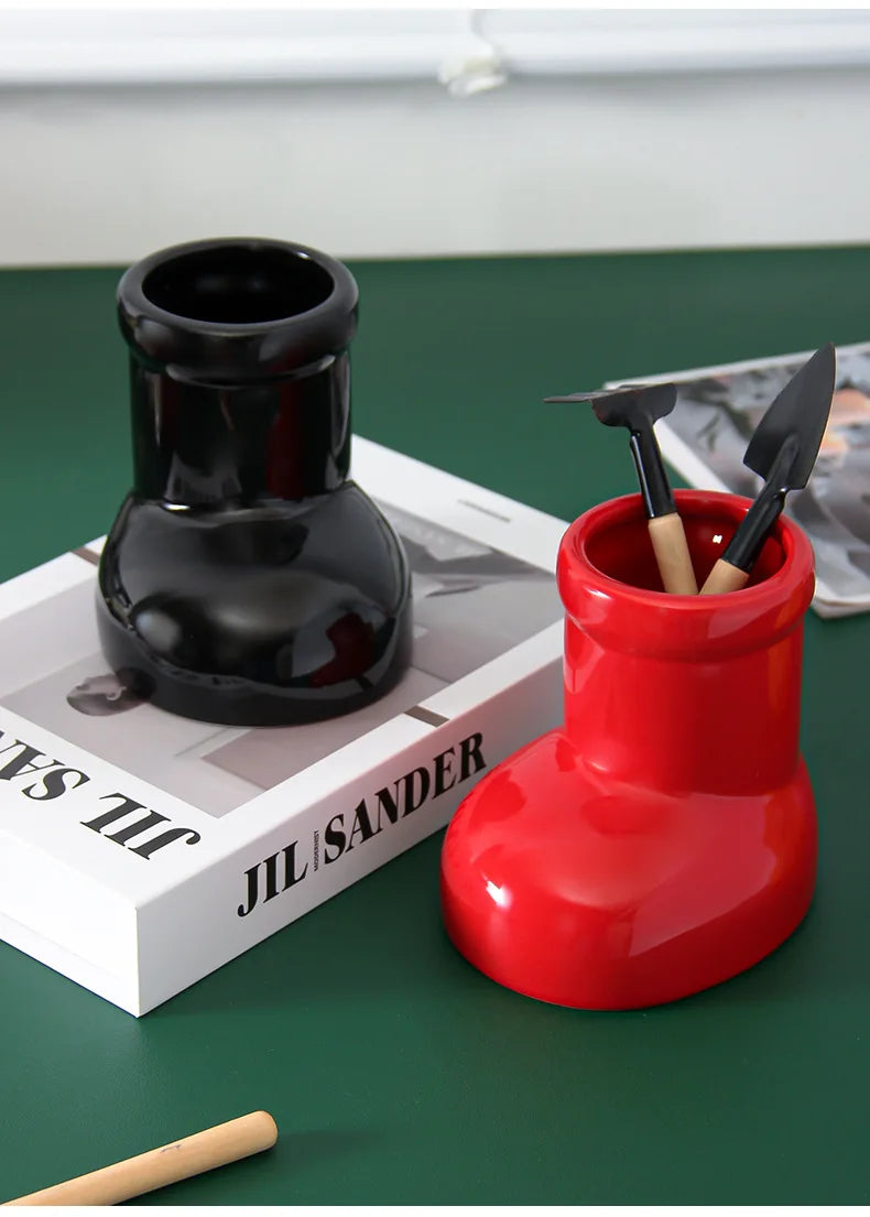 Ceramic Vase Boots Shoe Cute Cartoon Pen Holder Tabletop Storage Ikebana Flower Vase Boots Pot Home Decoration Accessories