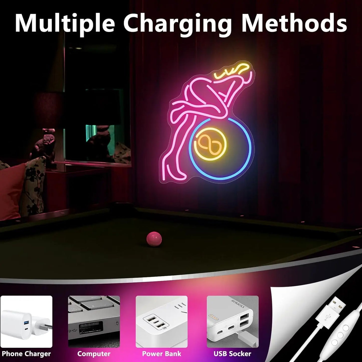 8 Man Neon Signs LED Neon Light Sign Light Up Neon Signs for Wall Decor, Business Sign Bar Pub Restaurant, Billiard Signs