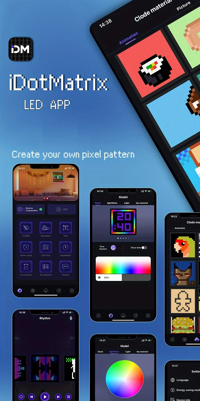 LED Pixel Display APP Control Programmable Night Light DIY Text Pattern Animation For Home Decoration, Bedroom, Game Room, Bar