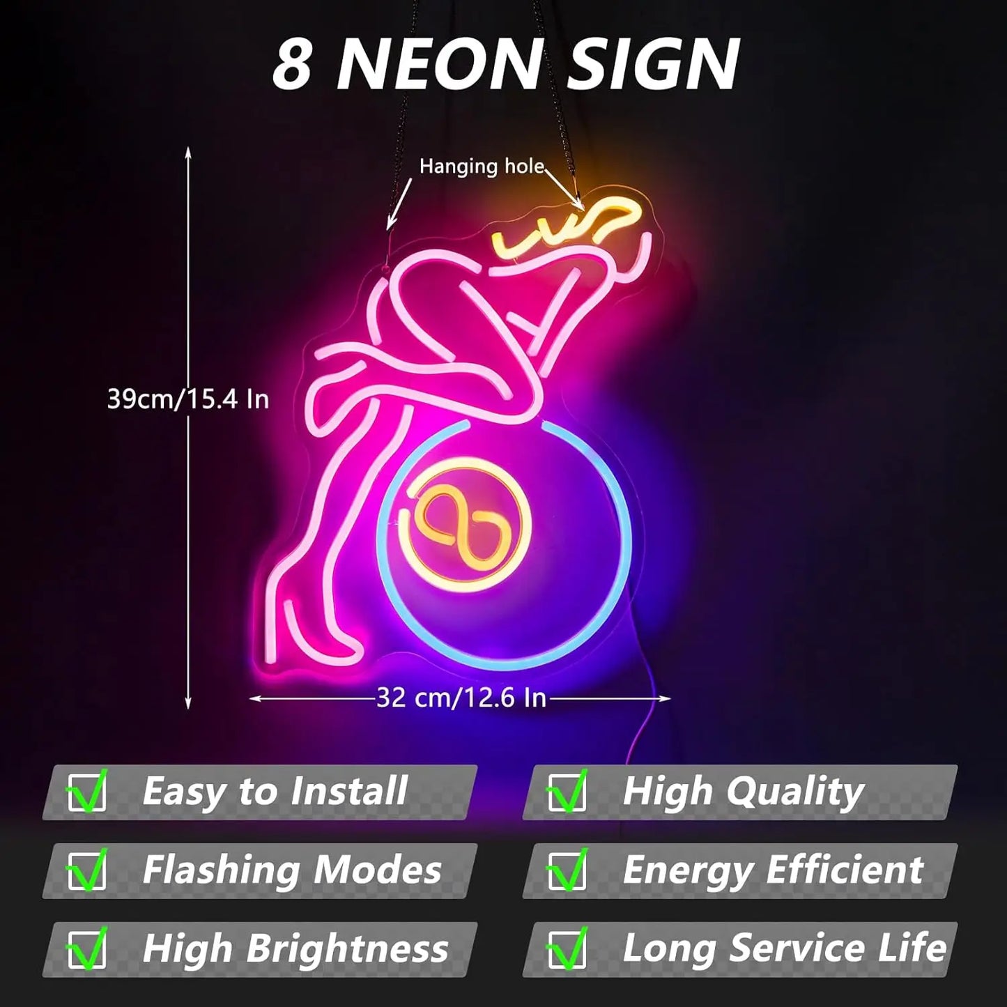 8 Man Neon Signs LED Neon Light Sign Light Up Neon Signs for Wall Decor, Business Sign Bar Pub Restaurant, Billiard Signs