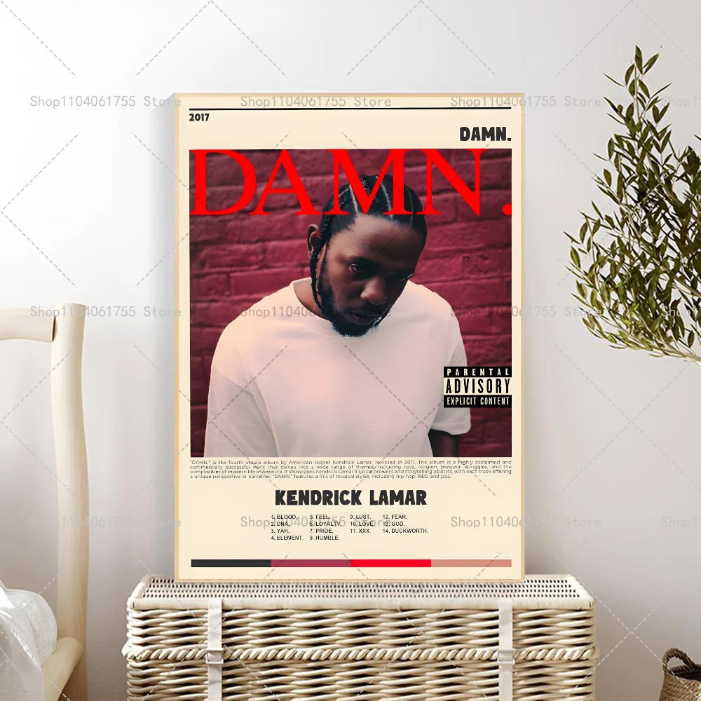 1PC Rapper Hip Hop Kendrick Lamar Damn Album Poster Self-adhesive Art Waterproof Paper Sticker Coffee House Bar Room Wall Decor