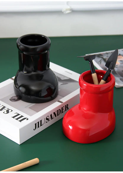 Ceramic Vase Boots Shoe Cute Cartoon Pen Holder Tabletop Storage Ikebana Flower Vase Boots Pot Home Decoration Accessories