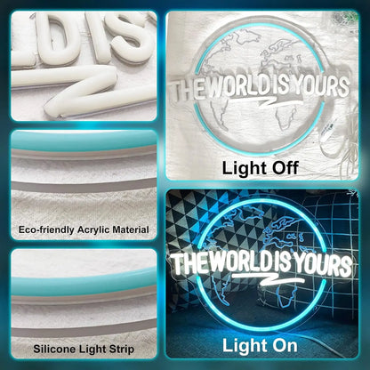 The World Is Yours Neon Sign Carved Planet LED Neon Light Sign for Office Wedding Man Cave Game Room Wall Decor Birthday Gift